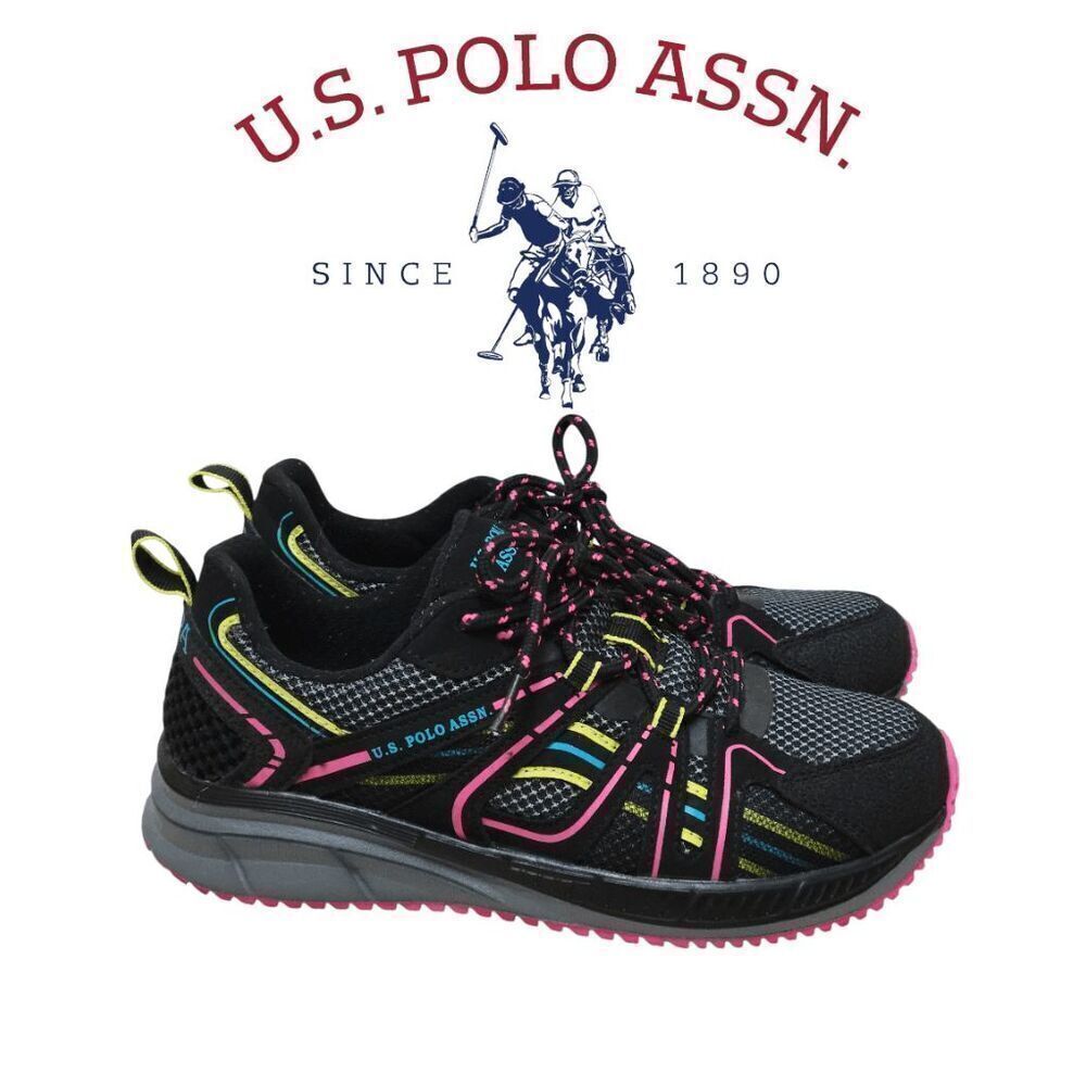 🇺🇸 US POLO ASSN Women’s Black Mesh Neon Pink Accent Athletic Sneakers SIZE 6.5